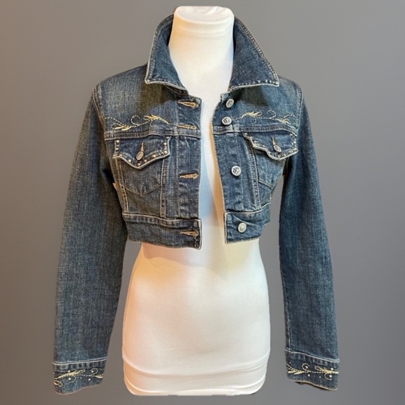 Dark Wash Crop Studded Denim Jean Jacket Juniors M - Picture 1 of 9
